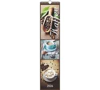 Alpha Edition - Planificador de cocina café 2026 - Calendario de rayas de 11,3 × 49,5 cm con ideas de recetas y calendario alemán, calendario de pared delgado para los amantes del café y cocina con