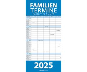 Alpha Edition - Planificador familiar azul 2025, 22 x 45 cm, calendario familiar con 5 columnas para citas, horarios, semanas, fechas de vacaciones DE/AT/CH, calendario internacional