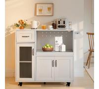 ALPHA HOME Carrito de isla de cocina con ruedas con bandeja extensible, estante ajustable y puerta de cristal, isla de almacenamiento móvil de cocina, carrito de cocina rodante con armarios, cajón y