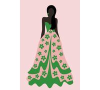 Alpha Kappa Alpha - inspired Black Woman's Notebook in Apple Green & Salmon Pink: Flowered ball gown and deep skin tone