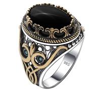 Alpha Rock Auténtica plata de ley 925 maciza acentuada con bronce y piedra, auténtico anillo de estilo otomano turco vintage para hombre, Plata de ley, Ónix natural