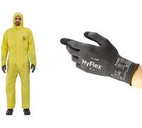 AlphaTec 2300 Model 132, Mono de Trabajo, Protección Quimica Tipo 3/4/5, Amarillo, Talla M (1 Unidad) + HyFlex 11-840 Guantes de Trabajo, Revestimiento de Nitrilo Antideslizante Negro, Talla M (1 Par)