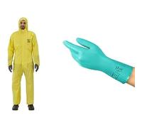 AlphaTec 2300 Model 132, Mono de Trabajo, Protección Quimica Tipo 3/4/5, Traje Integral, Amarillo, Talla L (1 Unidad) + AlphaTec 37-300 Guantes de Nitrilo, Protección Química, Verde,Talla L (12 Pares)