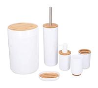 Alpina! Juego de 6 accesorios para baño y inodoro, incluye vaso para cepillo de dientes, dispensador de jabón, jabonera, cubo de basura, escobilla con soporte, de plástico y bambú