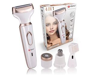 alpina Maquinilla de afeitar para mujer - Multifuncional - Afeitadora corporal y cara - recortadora de cejas - Afeitadora eléctrica para mujer con batería USB - Blanco/Oro