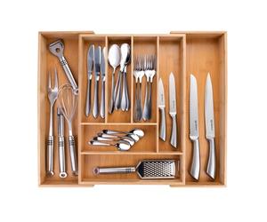 alpina Organizador Cajones - Cubertos para Cajon Cocina Extensible 46x34-56,5x6 cm - Caja Organizadora para Utensilios hasta 8 Compartimentos - Para Utensilios de Cocina, Gafas de Sol y Más - Bambú