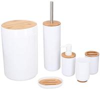 alpina Set de Baño - Set de Inodoro - 6 Piezas - Dispensador de Jabón - Portacepillos de Dientes - Cepillo de Baño - Papelera - Jabonera - Vaso - Bambú - Blanco