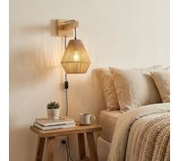 Alpinaluz Aplique de Pared con Cable y Enchufe - Pantalla de Cuerda de Yute Tejida a Mano y Base de Madera Beige, Altura Ajustable, Estilo Boho Artesanal con Casquillo E27 para Dormitorio o Salón