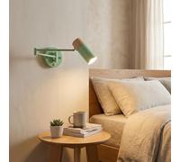 Alpinaluz Aplique de Pared Extensible Verde Metal y Madera con Interruptor Integrado, Brazo Extensible Horizontal y Cabezal Orientable 350º, Casquillo E27 para Dormitorio y Zona de Lectura