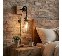 Alpinaluz Aplique de Pared Vintage FRUSTA - Lámpara Retro con Jaula de Hierro y Polea Ajustable, Casquillo E27, Cable con Enchufe e Interruptor - Diseño Clásico para Dormitorio, Sala o Comercio