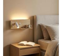 Alpinaluz Aplique LED de Pared con Luz de Lectura Orientable y Ambiental 2700K, Interruptor Dual, Doble Puerto de Carga USB, Repisa, Metal con Efecto Madera Beige Claro, Foco