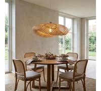 Alpinaluz Lámpara Colgante de Mimbre 60 cm - Pantalla Bambú Tejida a Mano con Portalámparas de Madera Natural, Cable Blanco y Florón Metálico Estilo Asiático - Casquillo E27 (No Incluye Bombilla)