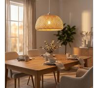 Alpinaluz Lámpara Colgante de Mimbre Beige Ø38 cm con Pantalla Doble Capa en Forma de Hemisfera, Portalámparas de Madera, Cable Blanco Ajustable y Diseño Vintage para Salón, Comedor y Dormitorio