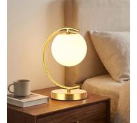 Alpinaluz Lámpara de Mesa - Globo de Cristal Opalino Blanco y Base Curvada de Acero en Color Dorado - Casquillo E27 - Iluminación Elegante y Decorativa para Dormitorio, Salón, Oficina