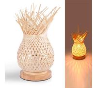 Alpinaluz Lámpara de Mesa - Pantalla de Bambú Mimbre Artesanal Ø15 cm y Base de Madera Natural - Casquillo E27 - Estilo Boho Nórdico Rústico para Dormitorio, Salón o Mesita de Noche