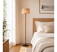 Alpinaluz Lámpara de Pie E27 Bambú Mimbre Base Negra 147 cm | Pantalla tejida a mano Ø28 cm y base metálica negra, estilo nórdico boho para salón, dormitorio, sofá y lectura