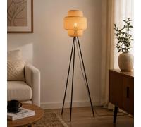 Alpinaluz Lámpara de Pie Trípode E27 Mimbre Natural Base Negra | Pantalla tejida a mano Ø30 cm y estructura metálica negra, estilo boho rústico para salón, dormitorio y lectura