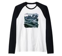 Alpine Peaks Misty Forest Valley Montaña Panorama Camiseta Manga Raglan