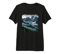 Alpine Peaks Misty Forest Valley Montaña Panorama Camiseta Premium