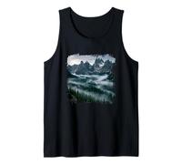 Alpine Peaks Misty Forest Valley Montaña Panorama Camiseta sin Mangas