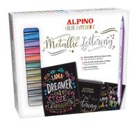 Alpino Kit Metallic Lettering 12 Rotuladores- Doble Punta | Trazo de pincel y de línea fina, tonos oro y plata, ideales sobre papel negro, incluye bloc de práctica y guía con patrones