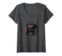 Alrededor de Ruff Edges: Gráfico juguetón Amante de los Camiseta Cuello V, Mujer, Jaspeado Oscuro, XL