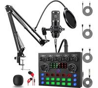ALSO GO Paquete de equipo de podcast, tarjeta de sonido V8S con micrófono de podcast BM-800 y cambiador de voz, paquete de micrófono de estudio con soporte ajustable, adecuado para podcasting