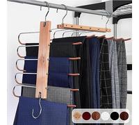 Altai Republic Perchas de madera para pantalones, 5 en 1, ahorro de espacio, para armario, de acero inoxidable, extensible, para múltiples pantalones, soporte mágico para ropa (natural)