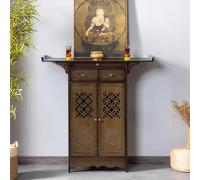 Altar budista de bambú que ofrece nicho con cajones, fuerte capacidad de carga, textura clara, ideal para uso doméstico o altar