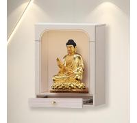 Altar budista montado en la pared de madera maciza, armario con luz LED del Dios de la Riqueza con cajón y estante, mesa de oración de meditación para el hogar