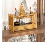 Altar de meditación de bambú, mesa Puja de 2 niveles con cajón, santuario espiritual compacto para decoración de oficina en casa, fácil montaje, ideal para estatuas de Buda y atención plena