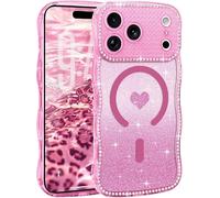 Altartar Glitzer Hülle für iPhone 15 Pro Max Handyhülle Magnetische,Brillante Diamant Schutzhülle für iPhone 15 Pro Max Wellen Case Stoßfest süßes Herzmuster Cover,RosaRot