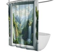 Altas montañas y Agua Corriente Cortina de Ducha para baño Vista a Cascada Exterior Ventanas Cortinas de Ducha Tela Impermeable con Ganchos 150 x 200 cm