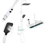 Altaudia Columna de Ducha Termostática con Pantalla LED - 4 Vías Agua (Lluvia 30×20cm, Teleducha, Spray 3 Modos, Chorro) Material Inox/ABS, Izq. Caliente/Der. Fría, Altura Regulable (Blanco)