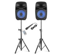 Altavoces Disco 8" 400W Bluetooth LED - Juego con Altavoz Activo y pasivo, micrófono de Mano, Soportes Ajustables 1.5m, USB SD y Control Remoto - Set Completo para Fiestas y Karaoke