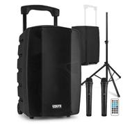 Vonyx VSP200 - Pack Altavoz portátil Bluetooth 5.0 de 200W con batería Recargable, woofer 10 Pulgadas, 2 micrófonos inalámbricos UHF, trípode Altavoz 1.8m y Funda Protectora para Eventos y Karaoke