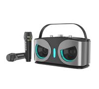 Altavoz inalámbrico de karaoke con micrófonos duales, sistema KTV portátil gris para fiestas al aire libre, efectos de iluminación RGB, 26 x 11 x 13,8 cm