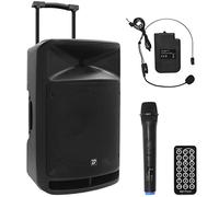 Altavoz portátil de sonido independiente con 2 micrófonos inalámbricos BoomTone DJ TravelSound15-VHF. Karaoke Altavoz 800W Sintonizador FM. Receptor Bluetooth Lector de tarjetas SD, memoria USB y