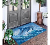 ALTCIRNMD Alfombra Azul Delfines Saltando 90X150Cm Pies para Entrada Suave Lavable Animales De Dibujos Animados para Cocina Antideslizante De Pelo Bajo Plegable para Puerta Delantera Salón