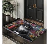 ALTCIRNMD Alfombra Blanco Y Negro Gato Flor 60X90Cm Pies para Entrada Suave Lavable Estilo De Ilustración Callejera para Cocina Antideslizante De Pelo Bajo Plegable para Puerta Delantera Salón