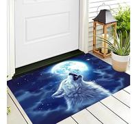 ALTCIRNMD Alfombra De Entrada Azul Blanco Lobo Blanco Lunar,Antideslizante Felpudo De Bienvenida Animales Fantásticos para Puerta Delantera Al Aire Libre Alfombras Limpia Zapatos,60X90Cm