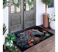 ALTCIRNMD Alfombra Entrada Verde Caballo De Papel con Flores Alfombras Limpia Zapatos Animales Abstractos Baño Alfombrilla Antideslizante para Patio Cocina Trasera Interiores Y Exteriores,80X120Cm