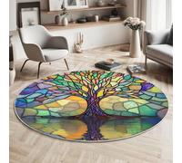 ALTCIRNMD Alfombra Redonda Lavable A Máquina 100Cm,Árbol De Cristal Claro 3D Plantas Elementales Decoración Antideslizante para Sala De Estar,Dormitorio Cocina Balcón Terraza Comedor,Multicolor