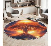ALTCIRNMD Alfombras De Área Redondas,Tapete Antideslizante,Rojo Anaranjado Árbol del Sol Plantas De Fantasía para Salón Sofá Mesa Café Estudio Comedor Dormitorio Oficina Decoración,100Cm