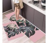 ALTCIRNMD Alfombrillas De Cocina,Rosa Verde Hojas De Monstera Juego De Alfombras De Cocina De 2 Piezas,Realismo Simple Alfombras De Cocinas Absorbentes De Agua, 45 * 75Cm+45 * 150Cm