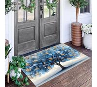 ALTCIRNMD Felpudo De Entrada Azul Blanco Árbol De Flores De Papel Redondo 3D Plantas De Acuarela 80X120Cm Suave Duradero Bienvenida para Puerta Casa Trasera Delantera Garajes Alfombra Otoño