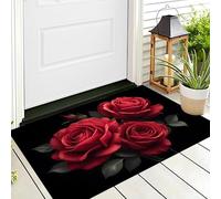 ALTCIRNMD Felpudo De Entrada Rojo Verde Rosas Y Hojas Verdes 3D Flores Realistas 80X120Cm Suave Duradero Bienvenida para Puerta Casa Trasera Delantera Garajes Alfombra Otoño