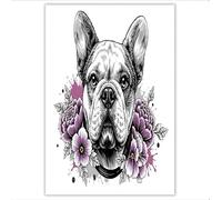 ALTCIRNMD Prints Rosa Bulldog Francés Con Flores Pósters De Arte De Pared Decoración De Dormitorio,Animales Simples Laminas Decorativas Impressions Sobre Lienzo Cuadros,Sin Marco 70X100Cm