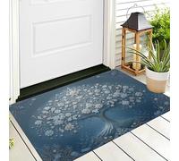 ALTCIRNMD Tapete Azul Blanco Flores Árboles Puerta Felpudo De Entrada Exterior Atrapar Suciedad Alfombra Etnobotánica para Interior Jardines Cocina Pasillo Trasera Delantera,90X150Cm