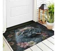 ALTCIRNMD Tapete Azul Pálido Gato De Flores Puerta Felpudo De Entrada Exterior Atrapar Suciedad Alfombra Pintura Al Óleo De Animales para Interior Jardines Cocina Pasillo Trasera Delantera,50X80Cm